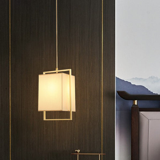 Modern Gold Drop Pendant With Rectangular Fabric Shade - Bedroom Hanging Light