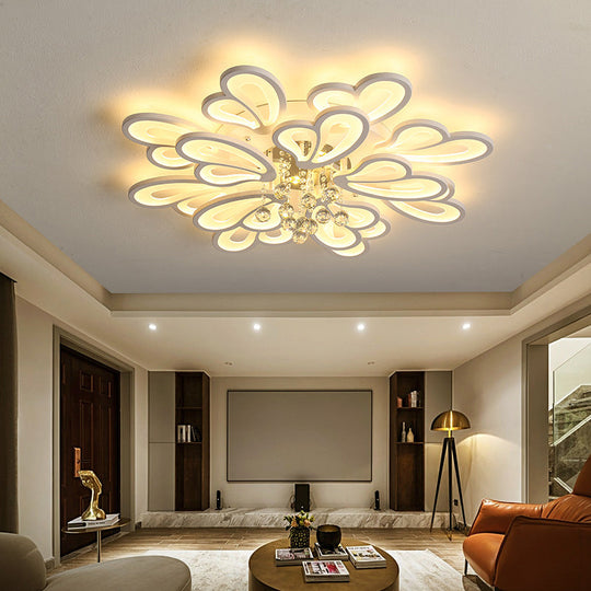 White Flower Flush Ceiling Light - Led Acrylic Lamp With Crystal Ball