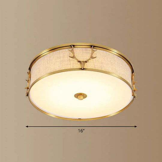 Nordic Foyer Charm: Fabric Drum Flush Mount Ceiling Light With Decorative Antler Accents Brass / 16’