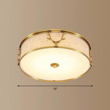 Nordic Style Ceiling Flush Light With Decorative Antler Design For Foyer - Fabric Drum Brass / 16