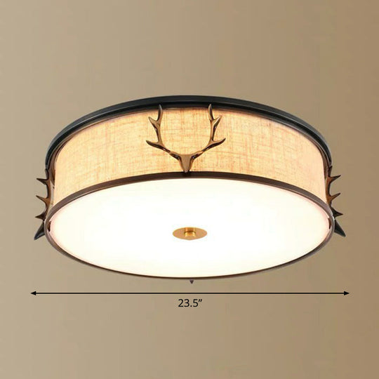 Nordic Foyer Charm: Fabric Drum Flush Mount Ceiling Light With Decorative Antler Accents