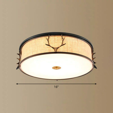 Nordic Style Ceiling Flush Light With Decorative Antler Design For Foyer - Fabric Drum Black / 16
