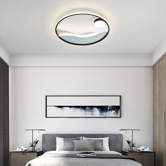 Metal Sunset & Sea Led Ceiling Light With Halo Ring For Bedroom Flush Mounting