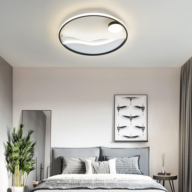 Metal Sunset & Sea Led Ceiling Light With Halo Ring For Bedroom Flush Mounting