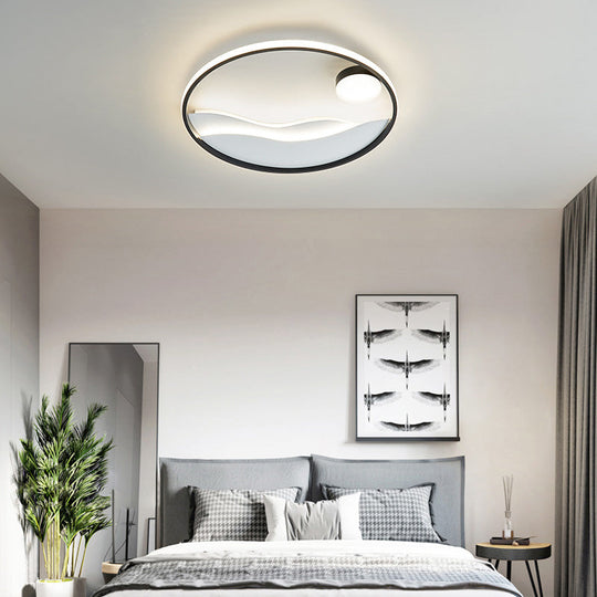 Metal Sunset & Sea Led Ceiling Light With Halo Ring For Bedroom Flush Mounting