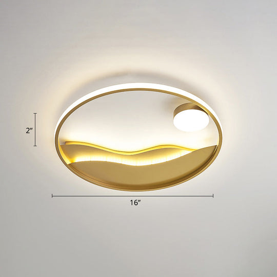 Metal Sunset & Sea Led Ceiling Light With Halo Ring For Bedroom Flush Mounting Gold / 16’ Remote