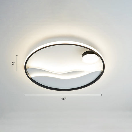 Metal Sunset & Sea Led Ceiling Light With Halo Ring For Bedroom Flush Mounting Black-White / 16