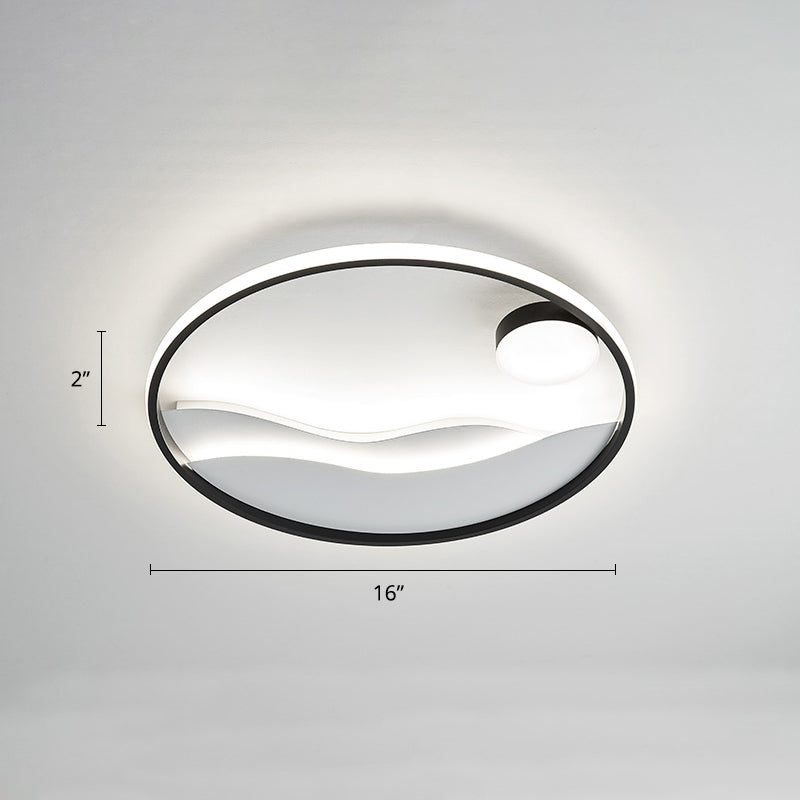 Metal Sunset & Sea Led Ceiling Light With Halo Ring For Bedroom Flush Mounting Black-White / 16