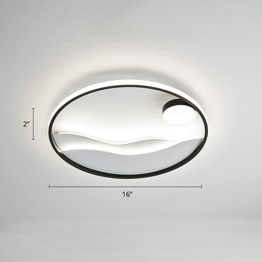 Metal Sunset & Sea Led Ceiling Light With Halo Ring For Bedroom Flush Mounting Black-White / 16