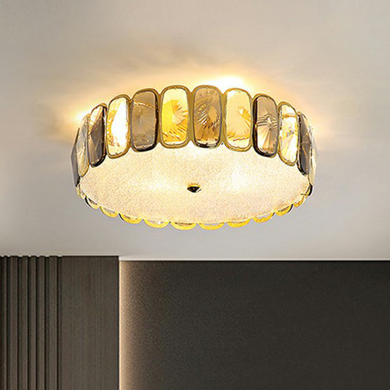 Postmodern Drum Ceiling Flush Light Fixture With Smoky And Amber Crystal Led Mount In Brass For