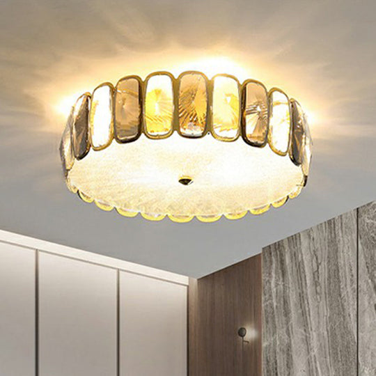 Postmodern Drum Ceiling Flush Light Fixture With Smoky And Amber Crystal Led Mount In Brass For