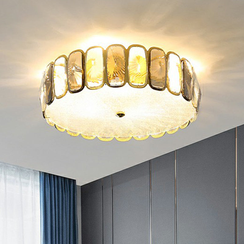 Postmodern Drum Ceiling Flush Light Fixture With Smoky And Amber Crystal Led Mount In Brass For