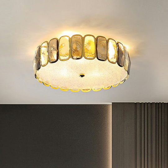 Postmodern Drum Ceiling Flush Light Fixture With Smoky And Amber Crystal Led Mount In Brass For