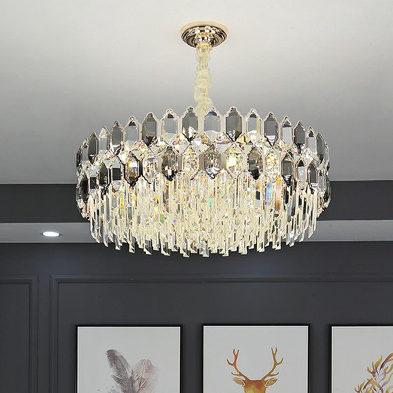 Smoke Grey Crystal Tiered Chandelier - Modern Luxe Hanging Light For Living Room