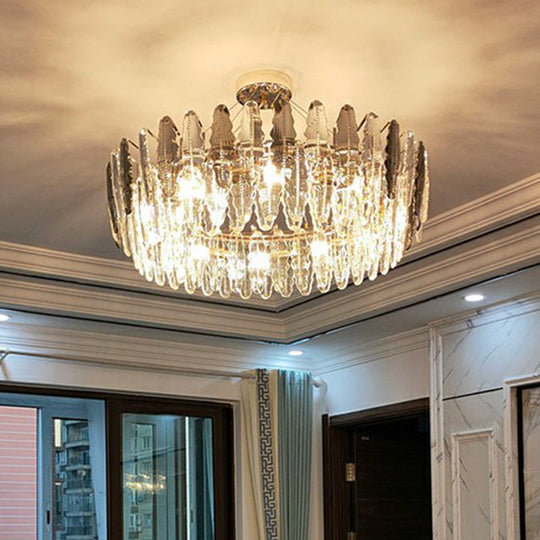 Crystal Leaf Round Ceiling Chandelier With 9 Bulbs For Modern Living Rooms