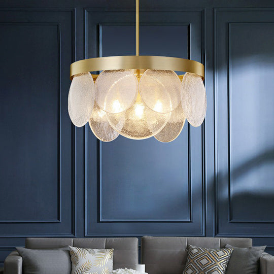 Seeded Glass Disc Chandelier With Brass Finish: 3-Light Pendant For Postmodern Living Room