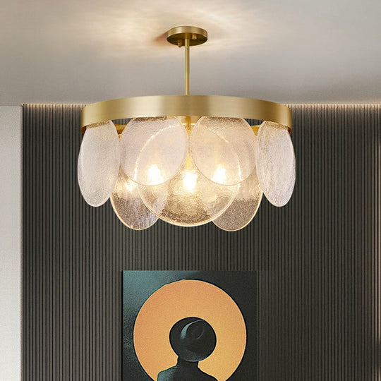 Seeded Glass Disc Chandelier With Brass Finish: 3-Light Pendant For Postmodern Living Room