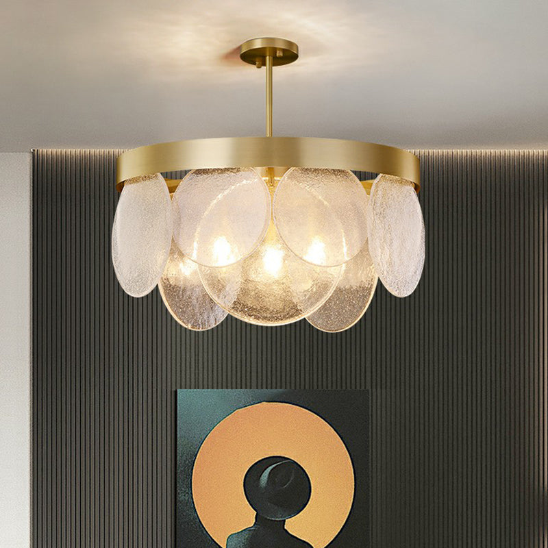 Seeded Glass Disc Pendant Chandelier - Postmodern 3-Light Brass Design For Living Room
