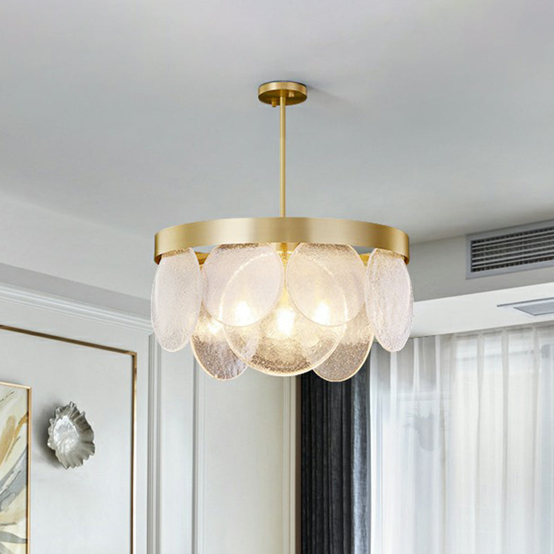 Seeded Glass Disc Chandelier With Brass Finish: 3-Light Pendant For Postmodern Living Room