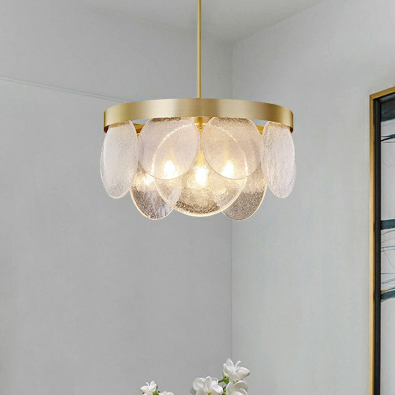 Seeded Glass Disc Chandelier With Brass Finish: 3-Light Pendant For Postmodern Living Room