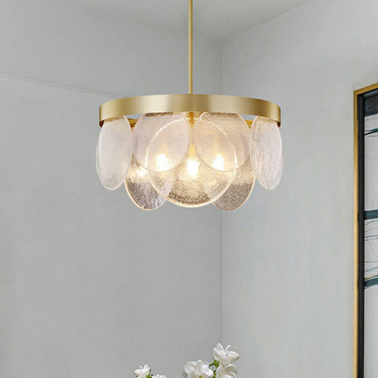 Seeded Glass Disc Chandelier With Brass Finish: 3-Light Pendant For Postmodern Living Room