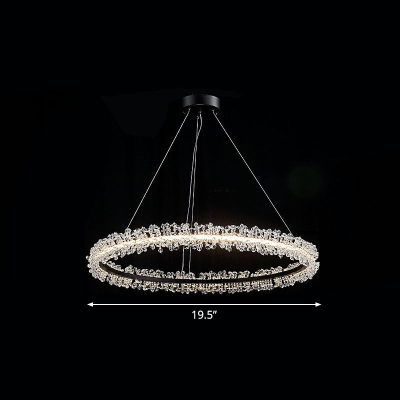 Led Circle Chandelier With Crystal Beads - Elegant Living Room Pendant Light Black / 19.5’