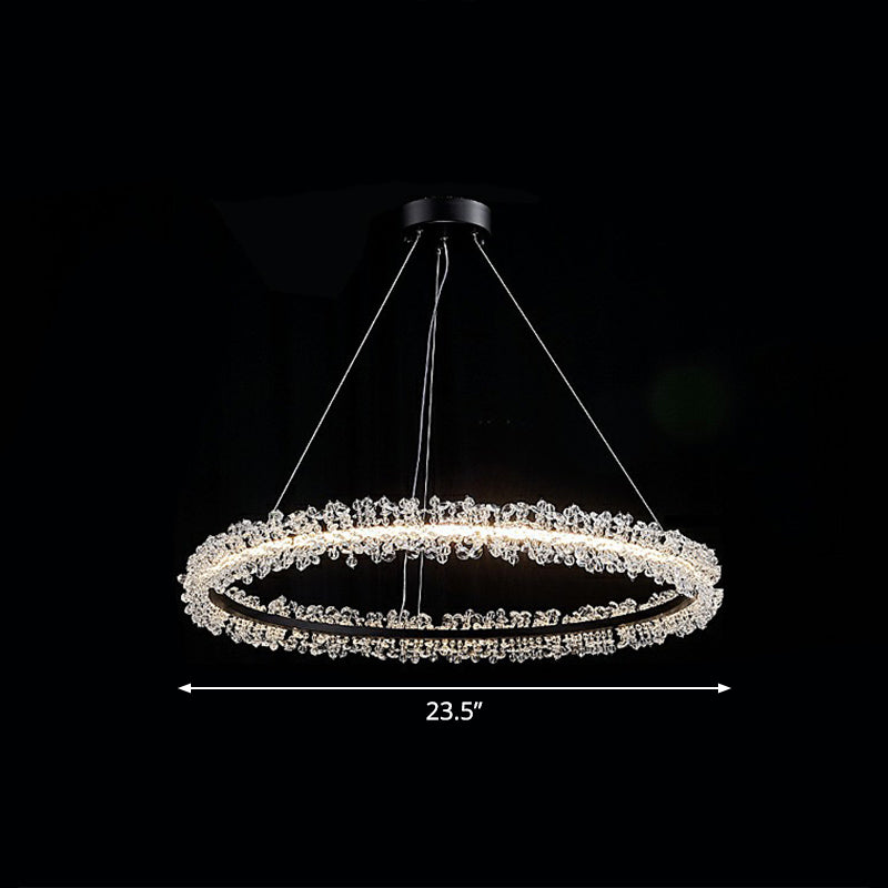Led Circle Chandelier With Crystal Beads - Elegant Living Room Pendant Light Black / 23.5’