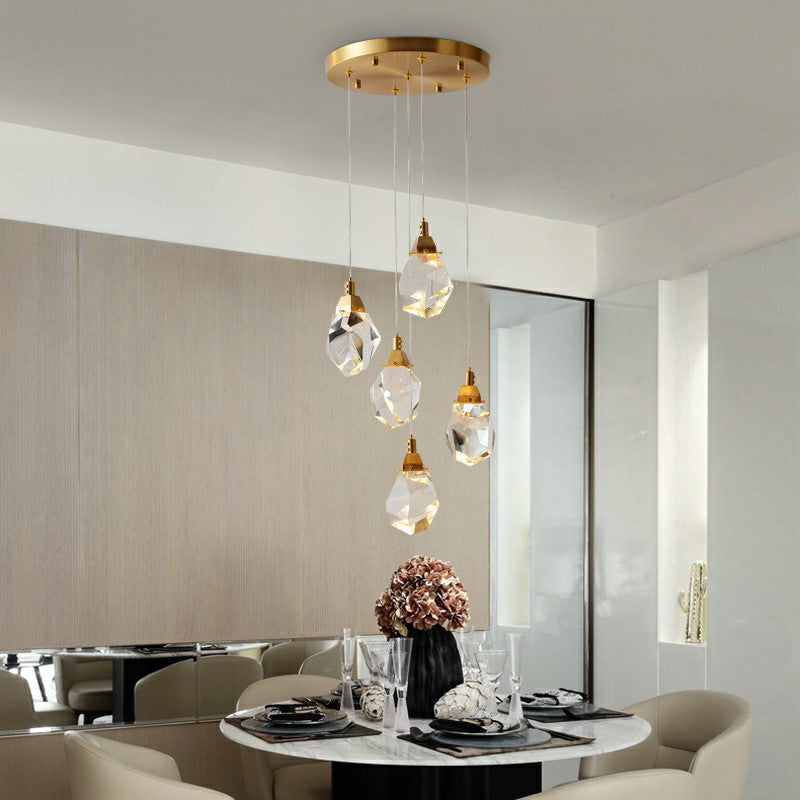 Minimalist Brass Led Cluster Pendant Light For Staircase With Crystal Gem Detail