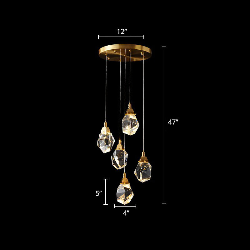 Minimalist Brass Led Cluster Pendant Light For Staircase With Crystal Gem Detail 5 /
