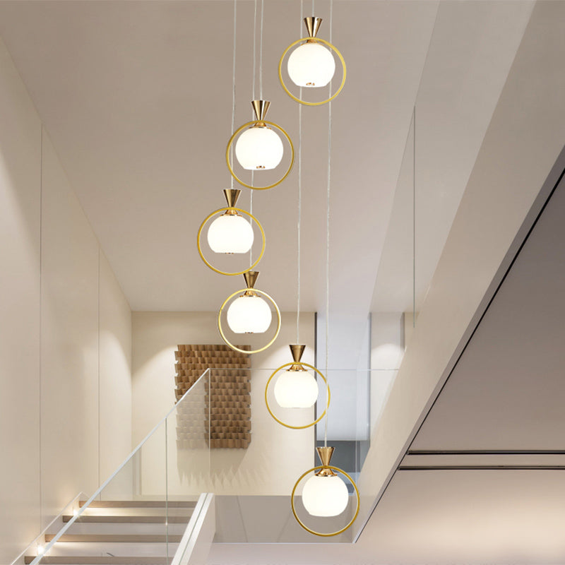 6-Light White Glass Stair Pendant With Gold Metal Loop - Ball Shaped Suspension Light
