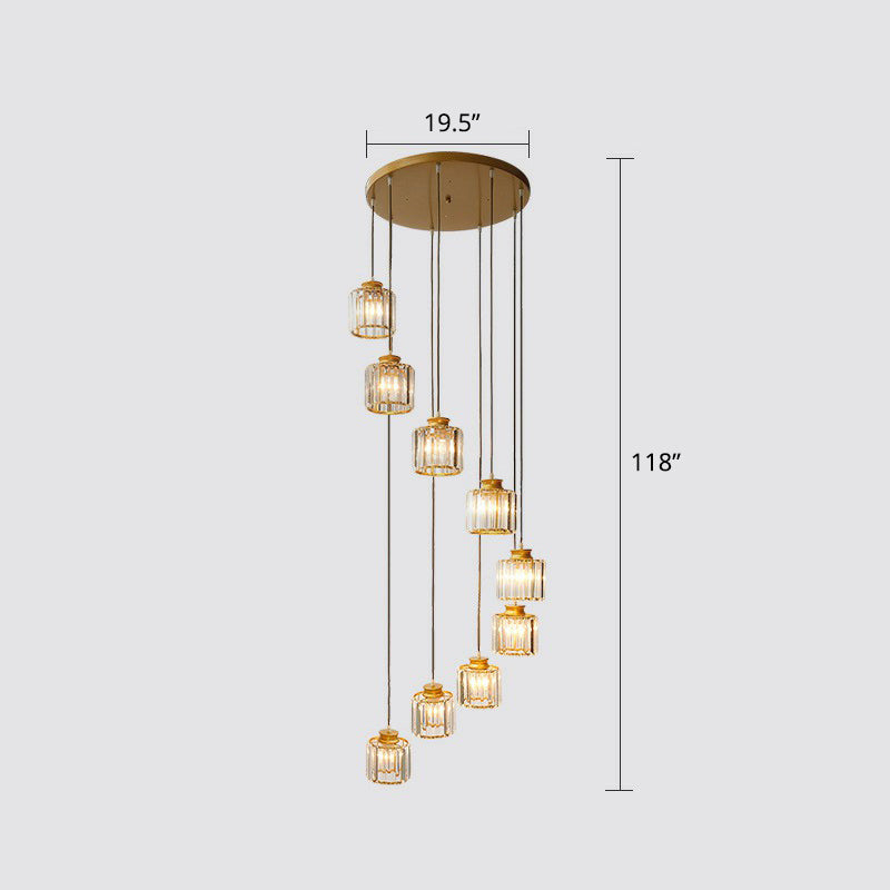 Modern Crystal Pendant Chandelier - Cylindrical Shape Prismatic Crystals Multi-Light Design 9 / Gold