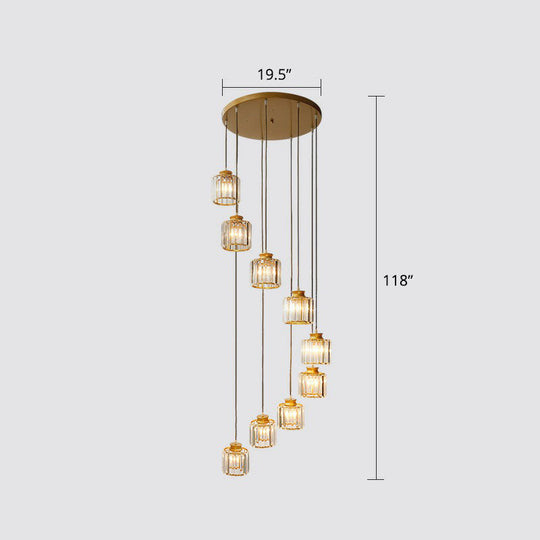 Modern Crystal Pendant Chandelier - Cylindrical Shape Prismatic Crystals Multi-Light Design 9 / Gold