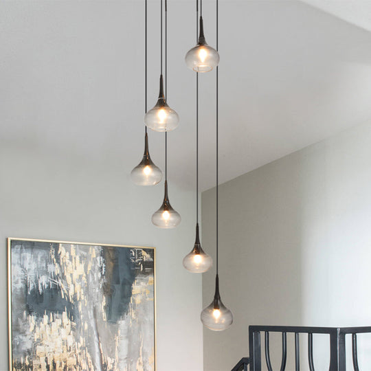 6-Bulb Ombre Smoke Glass Teardrop Pendant Light For Modern Staircase Ceiling Hang