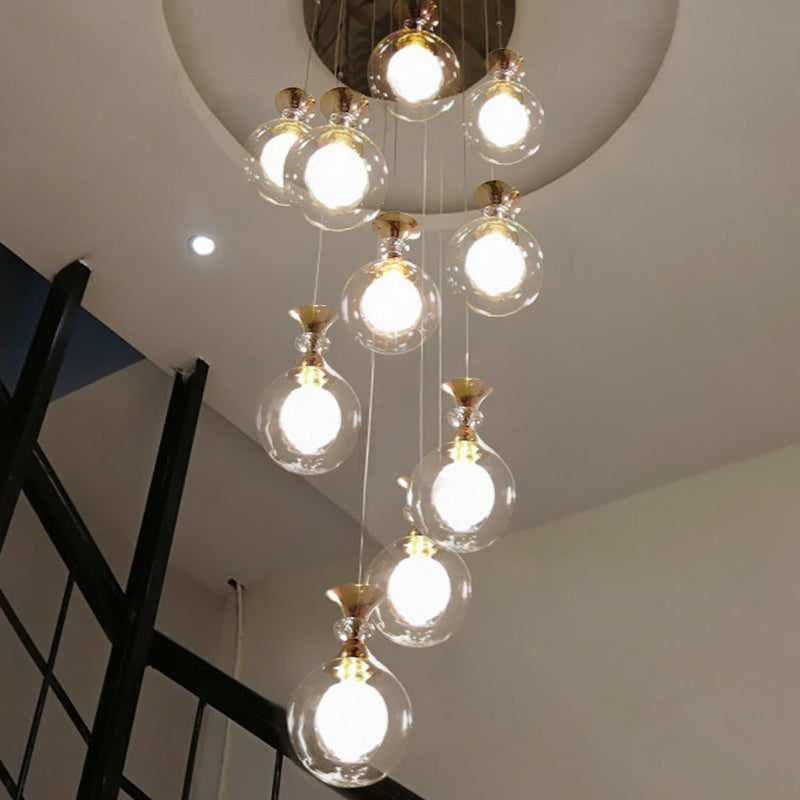 Minimalistic Gold Multi-Light Pendant Ceiling Lamp With Clear And Frosted Glass Ball Shades For