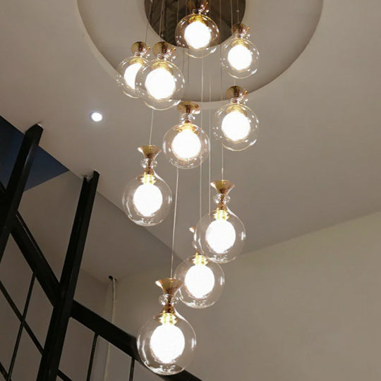 Gold Multi-Light Ceiling Lamp With Clear And Frosted Glass Ball Shades - Minimalistic Pendant For