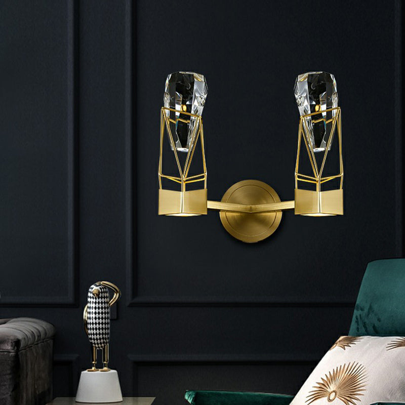 Modern Brass Wall Sconce With Crystal Rock Deco Metal Light Fixture