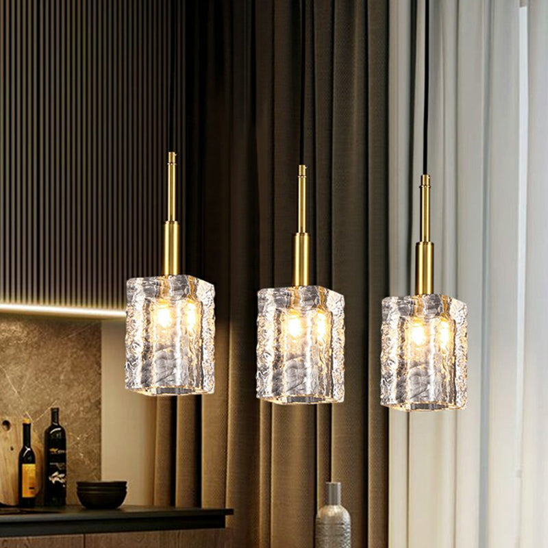 Gold Crystal Pendulum Dining Room Light - Simple Style Clear Rippled Glass 1-Bulb Hanging Fixture