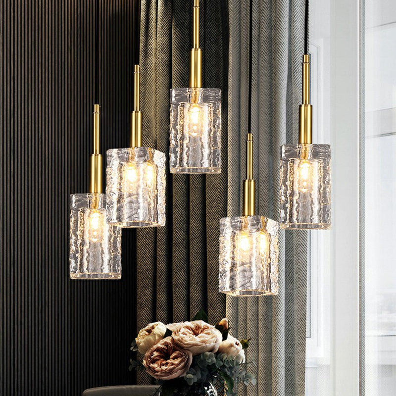 Gold Rectangular Dining Room Pendulum Light With Clear Rippled Crystal - Elegant 1-Bulb Hanging