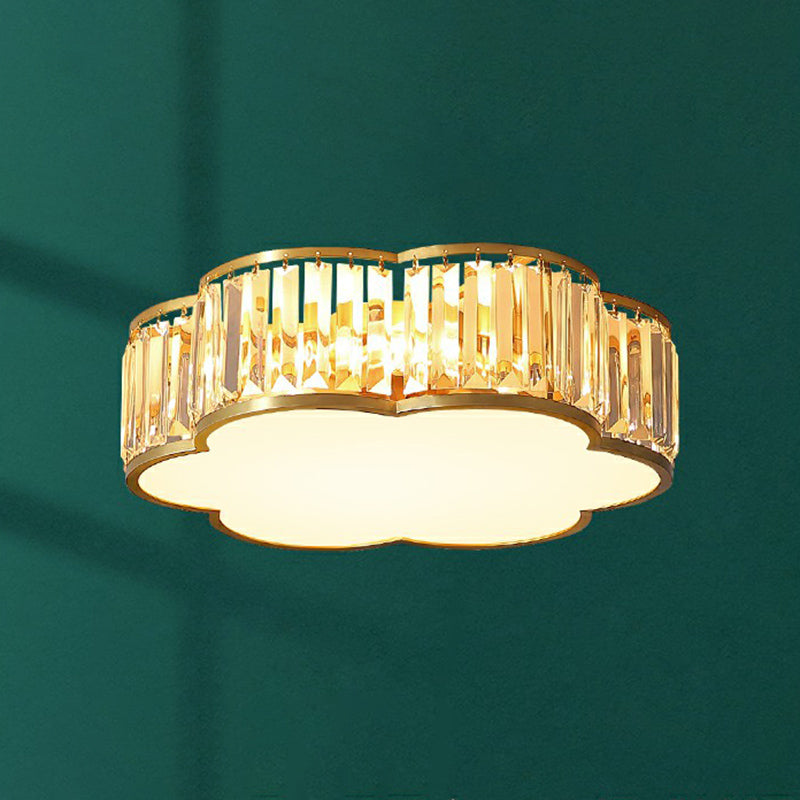 Minimalist Crystal Flower Ceiling Light In Brass - Tri-Sided Flush Mount