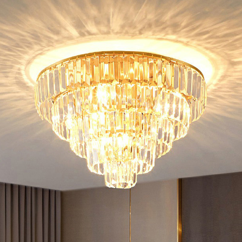 Postmodern Crystal Tiered Tapered Ceiling Flush Light For Bedroom - Clear Mount Fixture