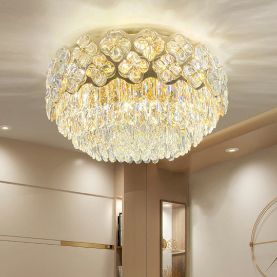 Opulent Crystal Drum Shaped 3 - Light Ceiling Light For Bedrooms - Minimalist Clear Flush Mount /
