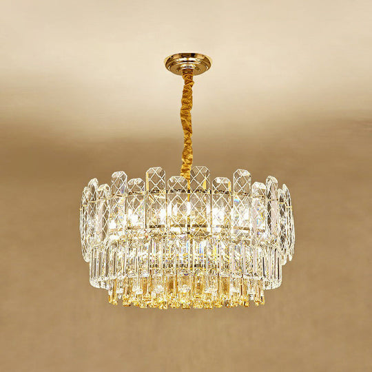 Rectangular Drum Crystal Chandelier With 9 Bulbs For Bedroom Ceiling Lighting In Clear And Simple