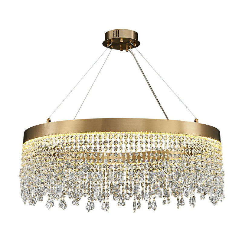 Modern Led Chandelier With Crystal Drapes And Stainless Steel Ring Shape