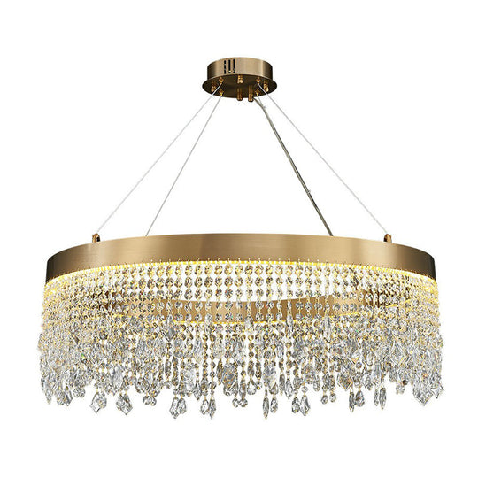 Modern Led Chandelier With Crystal Drapes And Stainless Steel Ring Shape