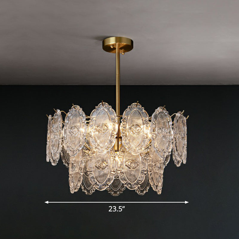 Postmodern Gold Chandelier With Carved Glass Tiers For Dining Room Lighting 9 /