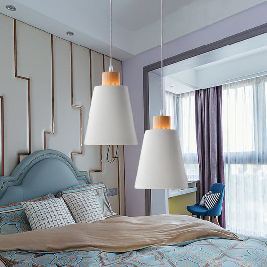 Modern Bucket Shade Pendant Lamp - Metallic White Finish Hanging Light For Hallway With Canopy