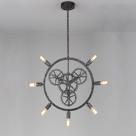 Industrial Hanging Chandelier With Exposed Bulb Design - 7/8 Bulbs Iron Frame Black/Silver Gear