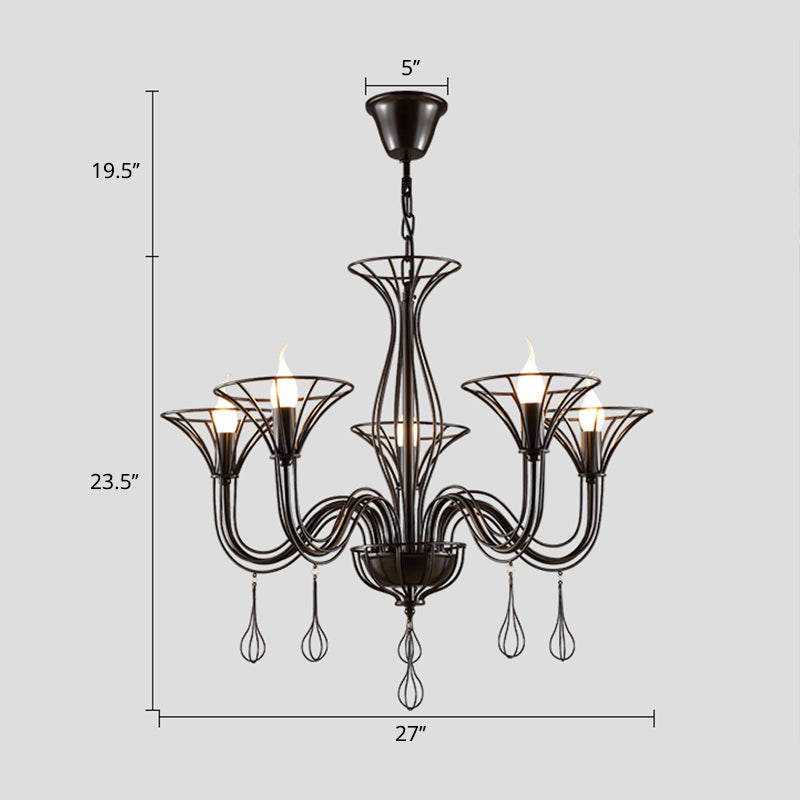 Classic Dark Brown Scrolled Arm Pendant Chandelier - 5/6-Light Metal Fixture For Living Room