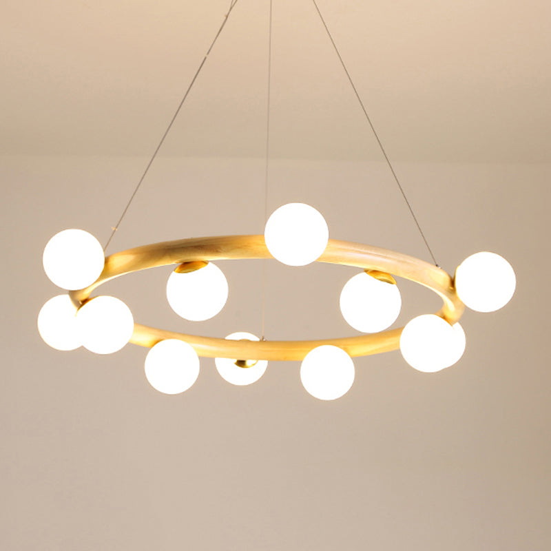 Japanese Style Wood Ring Pendant Light With Bubble Shade In Beige - Perfect For Study Room