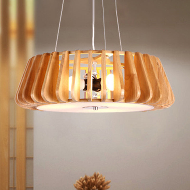 Triple Light Wooden Drum Chandelier For Modern Restaurant Decor